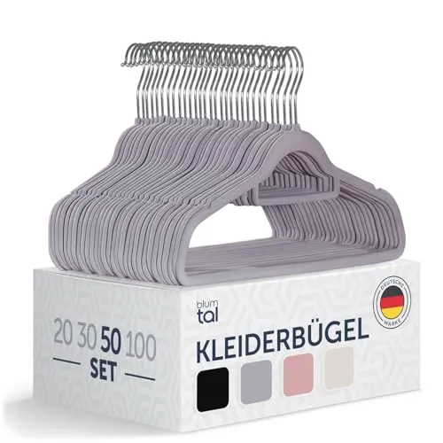 Blumtal 50 Stück Samt-Kleiderbügel - Samt-Kleiderbügel, rutschfest, um 360° drehbar, platzsparend, hochwertig mit Krawattenklammer - Grau