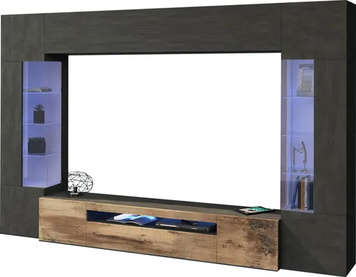 INOSIGN Wohnwand New Egypt, (4-St., Breite 290cm), bestehend aus 2 Stauraumvitrinen, 1 Lowboard, 1 Hängeschrank, Zement ahorn pereira