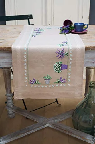 Vervaco Stickpackung Kreuzstich Set Vorgedruckt Tischläufer Lavendel Stickdecken Vorgezeichnet DIY Basteln Erwachsene Kreativ Stickläufer zum Selbersticken 40 x 100 cm Stickset