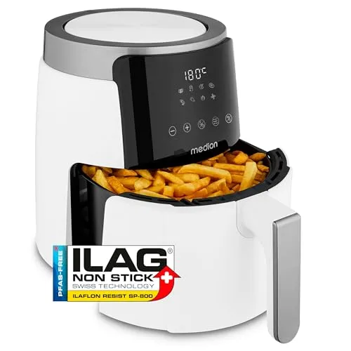 MEDION P40 Heißluftfritteuse 1500 Watt - Fritteusen mit 4,7 Liter Fassungsvermögen für ölfreies Frittieren bei 200°C, 8 Programme für vielseitigen Genuss und gesunde Zubereitung.