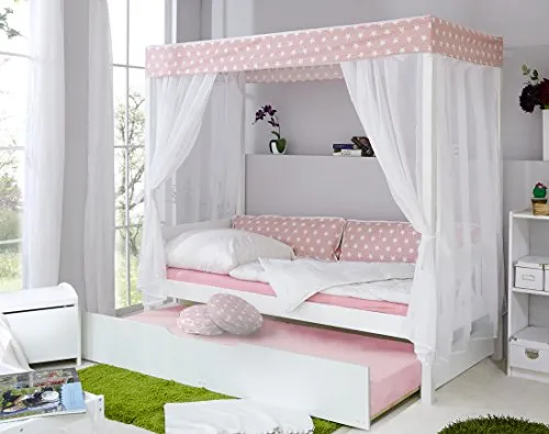 TiCAA Himmelbett Rosa 310 Kiefer Weiß - Stilvolles Himmelbett aus massivem Kiefernholz mit abnehmbarem Vorhangstoff aus 100% Baumwolle, ideal für ein gemütliches Kinderzimmer.