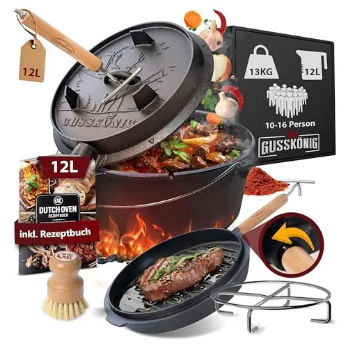 Gusskönig Dutch Oven Set mit Edelstahl-Untersetzer (GK-016) - Servieren & Grillgeschirr: Hochwertiges Dutch Oven Set mit robustem Edelstahl-Untersetzer für optimale Hitzeverteilung und vielseitige Kochmöglichkeiten.