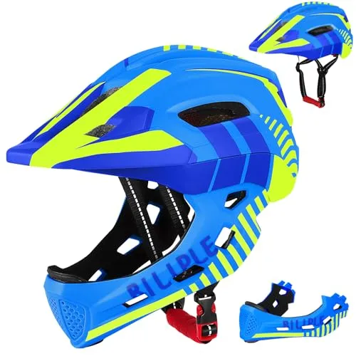 Kinderhelm, 2-In-1 Integriert Kinder Fahrradhelm mit Abnehmbarem Kinnschutz, Unisex 52-56cm Children's Helmet, Kindersport Schutzhelm zum Fahrräder Laufrad Roller Rollschuhe (Blau Gelb)