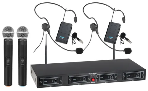 McGrey UHF-2V2H Quad Funkmikrofon Set - Mikrofone mit 4-Kanal UHF-Empfänger, ideal für Live-Events, inklusive 2 Handmikrofonen, 2 Headsets und 2 Taschensendern, Reichweite bis zu 50 Meter.