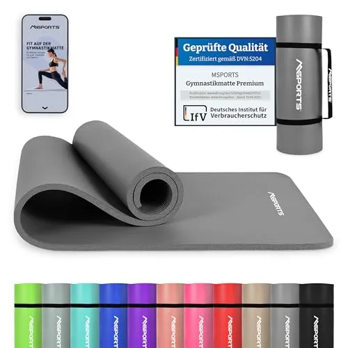 MSPORTS Gymnastikmatte Premium mit Tragegurt und Übungsposter - Sportmatte für Yoga und Fitness, rutschfest und hautfreundlich, ideal für Zuhause und im Studio. Inklusive Workout App für vielseitige Übungen.