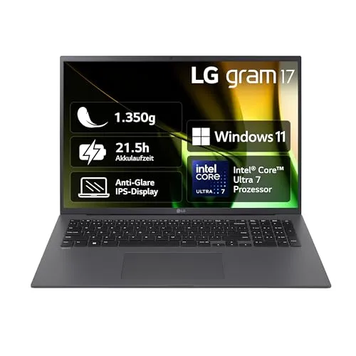 LG gram 17 17Z90S-G.AA79G (17 Zoll) IPS Notebook, Intel Core Ultra 7 155H, 16GB RAM, 1TB SSD, Intel Arc™ Graphics, federleicht (1,350 kg), 77 Wh, Thunderbolt 4, Grau