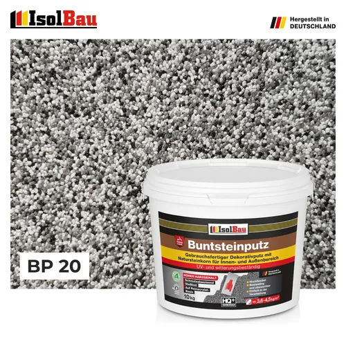 Buntsteinputz Mosaikputz BP20 - Profiqualität in Grau, Weiß und Schwarz - Mörtel, Putz, Zement & Gips - Flexibel, frostbeständig und ideal für Innen- und Außenanwendungen mit hervorragender Deckkraft und Schimmelresistenz.