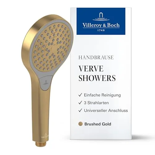 Villeroy & Boch Verve Showers Duschkopf, Handbrause mit 3 Strahlarten per Knopfdruck, EasyClean, Wassersparend, Universeller Anschluss – Brushed Gold