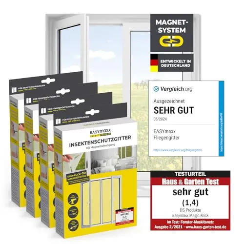 EASYmaxx Insect Protect Fliegengitter Fenster mit Magnetbefestigung | zuschneidbares Moskitonetz | Insektenschutz Fenster bis 150 x 180 cm | Mückenschutz Fliegennetz Magnet - leichte Montage [4 Stück]