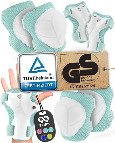 99FLIPS Protektoren-Set für Kinder - 6-teiliges Schoner-Set für Inliner und Skateboard, mit atmungsaktiven Hartschalen-Protektoren in Minzgrün, ideal für Kinder von 3-8 Jahren, inklusive praktischer Tasche.