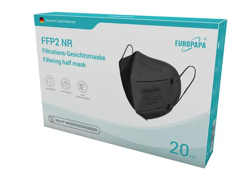 EUROPAPA 20x FFP2 Atemschutzmaske Schwarz - Atemschutzmasken mit 5-Lagen Filterung, hygienisch einzeln verpackt und zertifiziert nach EN149:2001+A1:2009 für optimalen Schutz und hohen Tragekomfort.