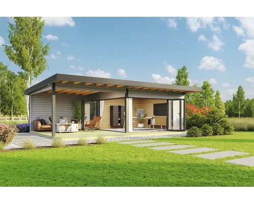 Gartenhaus Outdoor Life Domeo 10 mit Fußboden und Terrasse - Geräumiges Gartenhaus mit Pultdach in lichtgrau, ideal für Gartenlagerung und Freizeitgestaltung, inklusive Fußboden für zusätzlichen Komfort.