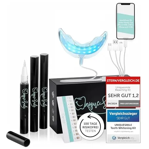 UniqueSmile Teeth Whitening Kit - Testsieger 2023, 100 Tage risikofrei testen, schnelle Zahnaufhellung mit innovativen Power-LEDs