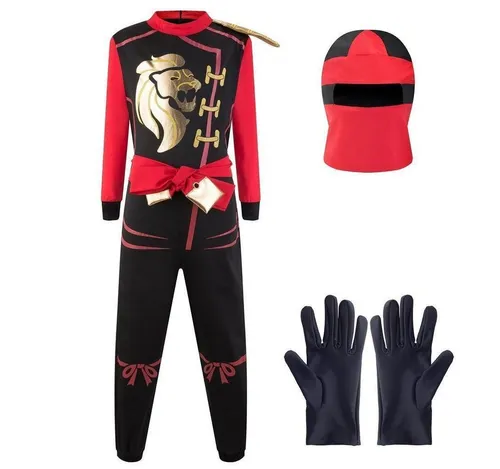 Katara Ninja Kostüm Anzug für Kinder, Größe L, Rot Schwarz - Kostüme für Kinder: Verwandeln Sie Ihr Kind in einen furchtlosen Ninja mit goldenen Drachen-Prints und einem Kampfkunst Gürtel. Ideal für Fasching und Karneval!