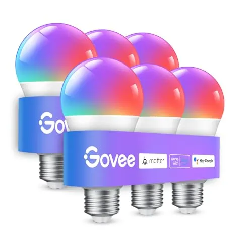 Govee Smart Glühbirne E27, WLAN LED Lampe RGBWW kompatibel mit Matter, Alexa und Google Assistant, dimmbare mit 16 Millionen DIY-Farben, 800LM, 54 Szenen, Smart Home Alexa Zubehör, 6 Stück