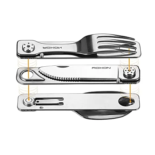ROXON 3-in-1 Knife Spoons Fork + Pouch - Magnetic Folding Stainless Steel Camping Besteck Set - EDC Portable Lightweight Cutlery for Hiking Backpacking Travel Lunchbox Outdoor geschirr Essentials