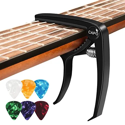 Kapodaster für Gitarre Capo Gitarren mit 6 Plektren, Capodaste Gitarre für Ukulele Westerngitarre E-Gitarre, Metall Schwarz