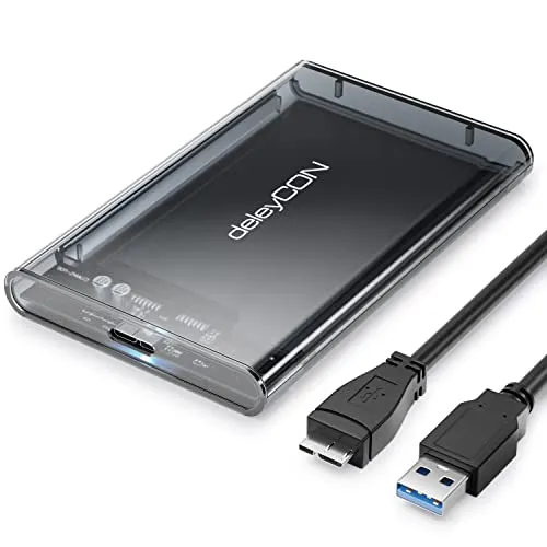 deleyCON SSD Festplattengehäuse USB A (5Gbps USB 3.1) für 2,5“ Zoll SATA 3 SSD / HDD / 7 mm bis 9,5 mm SATA III Festplatten Externes Gehäuse UASP [Transparent Grau]
