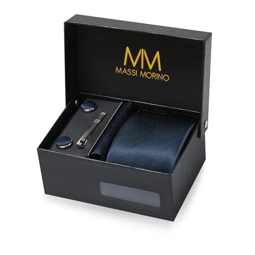 Massi Morino Krawatte Dunkelblau mit Einstecktuch Set - Krawatten & Fliegen-Sets für Herren, 5-in-1-Geschenkset mit hochwertiger Krawatte, Einstecktuch, Manschettenknöpfen und Krawattennadel in edler Geschenkbox.