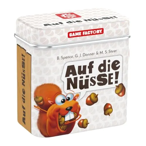 Game Factory 646273 Auf die Nüsse - knackiges Würfelspiel - Tabletop Spiel für 2-4 Spieler ab 8 Jahren, ideal für unterwegs in handlicher Metalldose, sorgt für spannende Spielrunden mit witzigen Mechaniken!