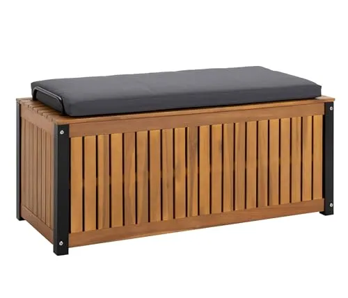 Dehner Kissenbox Liverpool - Aufbewahrungsboxen aus witterungsbeständigem Aluminium und FSC-zertifiziertem Akazienholz, mit bequemen Sitzpolster für zusätzlichen Komfort und praktischem Inlay für optimalen Schutz der Inhalte.