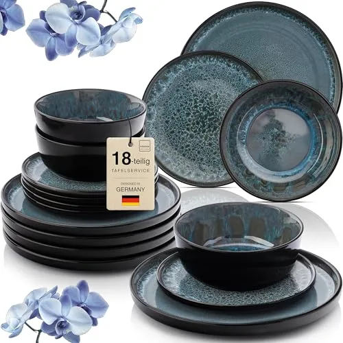 SÄNGER Manila Geschirr Set 18 tlg - Elegantes Tafelservice für 6 Personen - Tafelservice mit 6 Speisetellern, 6 Desserttellern und 6 Müslischalen. Kratzfest und langlebig, ideal für jeden Anlass und persönlichen Stil.