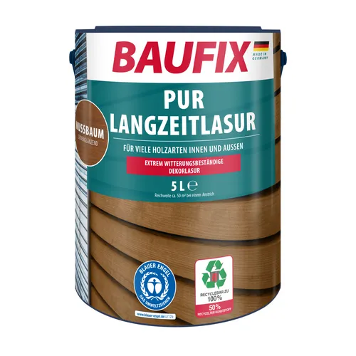 Baufix Holzlasur PUR-Langzeitlasur, 5,0l - Wetterfest in Nussbaum - Wasserbasierte Holzlasur für innen und außen. Hohe Witterungs- und UV-Beständigkeit durch Polyurethananteil. Ideal für langlebige, strapazierfähige Oberflächen, die die natürliche Maserung betonen.