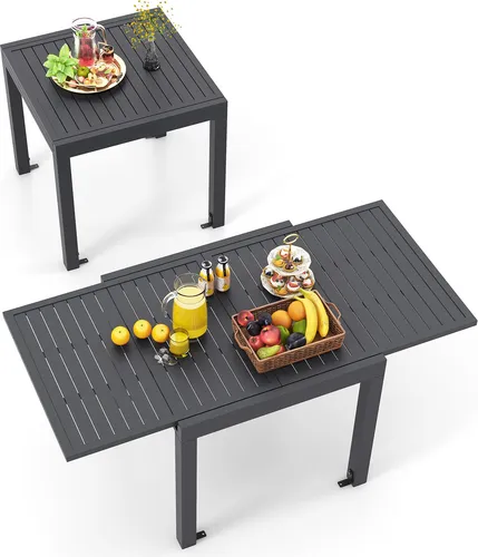GOPLUS Ausziehbarer Gartentisch 80/160 cm - Gartentisch für 4 bis 6 Personen, wetterfest aus rostfreiem Aluminium, ideal für Garten und Terrasse, mit eleganter gerillter Tischplatte für einfache Reinigung.