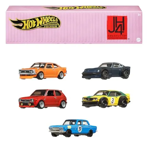 Hot Wheels Premium Car Culture Japan Historics 4 Container-Set mit 5 Die-Cast-Autos im Maßstab 1:64 im Aufbewahrungs- und Ausstellungscontainer zum Sammeln und Stapeln, HRW84