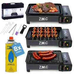 ZMC 2in1 Gasgrill & Campingkocher – tragbarer Tischgrill mit Piezo-Zündung - Campingkocher und Grill in einem, ideal für Outdoor, Balkon oder Garten. Inklusive 8x Gaskartuschen und umfassendem Zubehör für sofortigen Einsatz.