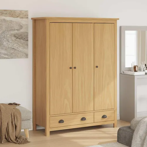 vidaXL Kiefernholz Massiv Kleiderschrank mit 3 Türen und 2 Schubladen - Kleiderschrank aus robustem Kiefernholz mit viel Stauraum, 5 Regalfächern und einer Kleiderbügelstange für optimale Organisation im Schlafzimmer.