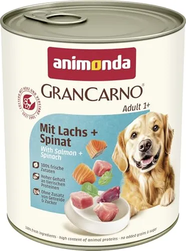 Animonda GranCarno Hundefutter Lachs Spinat 6x800g - Getreidefreies Nassfutter mit hochwertigem Lachs und frischem Spinat, ideal für die ausgewogene Ernährung Ihres Hundes. Praktische 6er-Packung für eine langfristige Versorgung.
