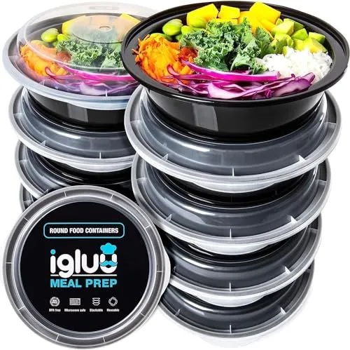 Igluu Runde Meal Prep Boxen mit Deckel (10er-Pack) – wiederverwendbar, mikrowellen-, gefrier-, spülmaschinengeeignet, stapelbar – 828 ml Fassungsvermögen – 1 Fach – aus BPA-freiem Kunststoff