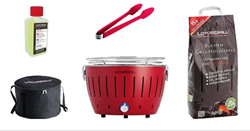 LotusGrill Holzkohlegrill S Small Kompakt Starter-Set Feuerrot - Kompakter Holzkohlegrill für schnelles Grillvergnügen, ideal für Balkon und Camping, im praktischen 5-teiligen Set.