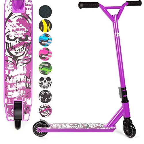 Land Surfer Stunt Scooter - Lila Schädel für Kids ab 8 Jahren - Stuntscooter mit 360° schwenkbarem, verstärktem Deck und 100 mm PU-Rädern für optimale Tricks. Leicht und robust, ideal für Skateparks. Lieferung in Geschenkbox!