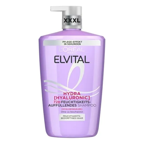 L'Oréal Paris Elvital Hydra Hyaluronic Shampoo 1000ml - Feuchtigkeitsspendendes Shampoo für glänzendes Haar. Mit Hyaluronsäure für langanhaltende Pflege und Schutz, ideal für feuchtigkeitsbedürftiges Haar.