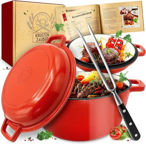 KRUSTENZAUBER Gusseisen Topf 26cm - Hochwertiger Schmortopf inkl. Fleischgabel - Pfannen - Ideal für alle Herdarten, backofengeeignet und sorgt für perfekte Kochergebnisse durch gleichmäßige Wärmeverteilung.