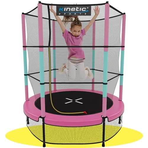 KINETIC SPORTS Kinder Trampolin Jumper 140 cm - Sicheres Sprungvergnügen - Trampolin für Kinder bis 8 Jahre mit Gummiseil-Federung für gelenkschonendes Springen und hohem Sicherheitsstandard durch gepolstertes Sicherheitsnetz.