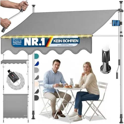 KESSER® Klemmmarkise mit Handkurbel & LED Lichterkette – Flexibler Sonnenschutz für Balkon & Terrasse 300cm - Einfache Montage ohne Bohren! Die KESSER Klemmmarkise bietet UV-Schutz und eine wasserabweisende Oberfläche. Ideal für entspannte Stunden im Freien, mit stimmungsvollem LED-Licht für gemütliche Abende.