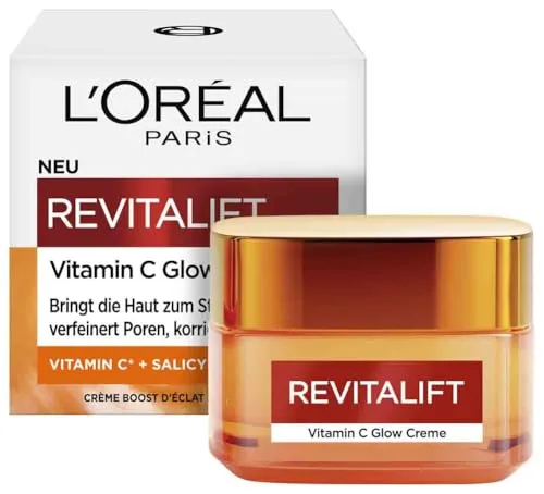L'Oréal Paris Revitalift Vitamin C Glow Creme 50 ml - Tagescreme mit Vitamin C und Salicylsäure, die die Haut aufhellt, Poren verfeinert und 24 Stunden Feuchtigkeit spendet für mehr Strahlkraft in nur 8 Wochen.