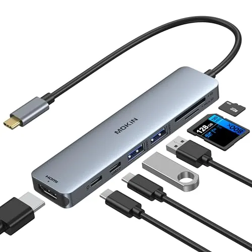 MOKiN USB C Hub, Multiport Adapter für MacBook Pro/Air, 7 in 1 MacBook Adapter USB C to HDMI Hub, 2 x USB 3.0, PD, SD/microSD, USB C Adapter für iPad, Lenovo Dell XPS