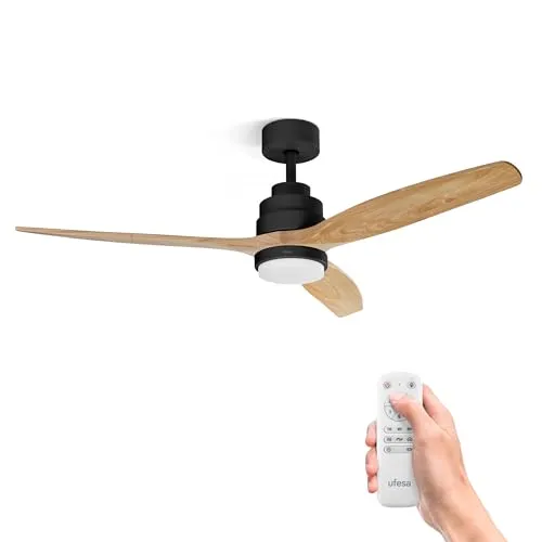Ufesa Deckenventilator mit Licht LED, 40W, 6 Geschwindigkeiten, Ultra Silent, 3 Flügel Naturholz 132cm, Sommer - Winter Funktion, Timer 8h, 3 Stufen Licht, Fernbedienung, Schwarz - Helles Holz