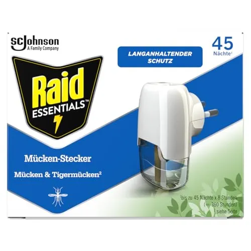 Raid Mückenstecker Essentials mit Nachfüller - Moskitoschutz für Innenräume, langanhaltender Schutz bis zu 45 Nächte mit pflanzenbasierten Wirkstoffen gegen Mücken und Tigermücken.