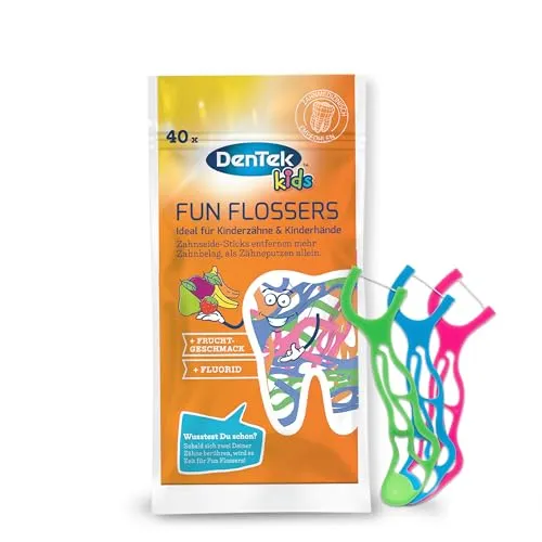 Dentek Fun Flossers Kids - Zahnseide-Sticks für Kinder mit Fruchtgeschmack - Bunte Zahnseide-Sticks für Kinder mit rutschfestem Griff. Fördert spielerisch die Zahnpflege und sorgt für gesunde Zähne und Zahnfleisch. Ideal für die tägliche Interdentalreinigung!