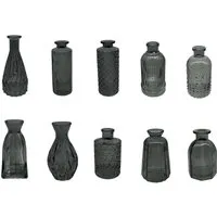 Relaxdays Deko Vasen 10er Set Grau – Vintage-Look - Dieses stilvolle 10er Set Mini-Vasen aus hochwertigem Glas bringt charmante Akzente in Dein Zuhause. Ideal für Trockenblumen oder einzelne Zweige – perfekt für Hochzeiten und Feiern!