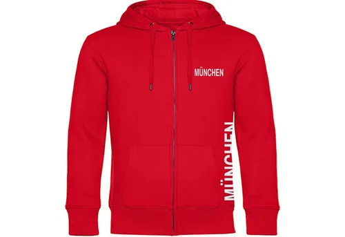 multifanshop Kapuzensweatjacke München rot - Fanartikel für echte Fans - Zip Hoodie in hochwertiger Verarbeitung, kuschelig und langlebig, ideal für München-Fans und als Geschenk.