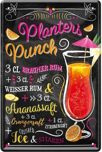 WOGEKA ART Metallbild Planters Punch - Cocktail Rum - 20 x 30 cm Retro Blechschild Bar
