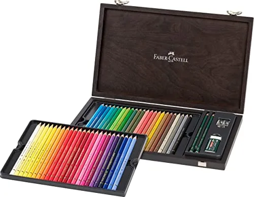 Faber-Castell 110006 Polychromos Malstifte 48er-Set im Holzkoffer - Buntstifte für Erwachsene mit 48 leuchtenden Farben, bruchfesten 3,8-mm-Minen und Zubehör für kreative Kunstwerke – ideal für präzises Ausmalen und vielfältige Techniken.