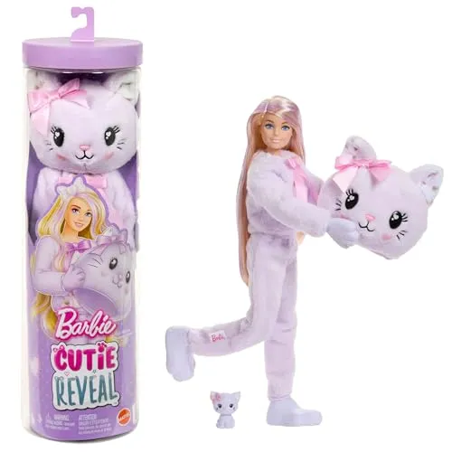 Barbie Cutie Reveal Sweet Bows - Lila Kätzchen Anziehpuppe - Erlebe die Überraschungen der Barbie Cutie Reveal Puppen! Enthält 10 Überraschungen, darunter eine bewegliche Barbie-Puppe im Tierkostüm und niedliches Mini-Haustier. Ideal für kreatives Spielen und Styling!