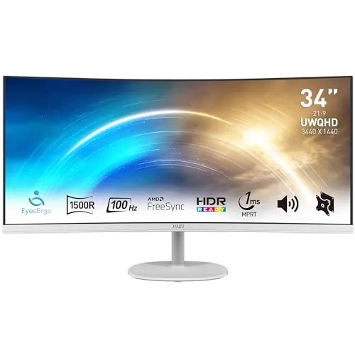 MSI Pro MP341CQW 34" UltraWide Quad HD Monitor - Monitore: 34" gebogener Bildschirm mit 3440 x 1440 Pixel Auflösung, ideal für Multitasking und Gaming, bietet 178° Blickwinkel und AMD FreeSync für flüssige Bilder.